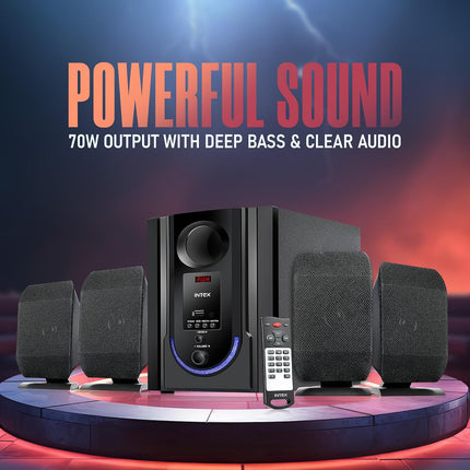 Intex ROAR-4701 Auxiliary, Bluetooth Deep Bass Home Theater with Subwoofer 4.1 Channel with 70W Premium Signature Sound, Multiple Connectivity Modes, Master Remote and Sleek Finish (Black)