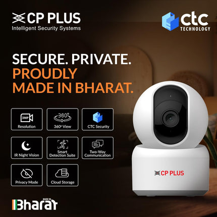 CP PLUS 3MP Smart Wi-Fi CCTV Camera | 360° Pan & Tilt | CTC Cyber Secure Tech | View & Talk | Smart Detection Suite | Night Vision | Cloud Storage | Supports OK Google | CP-E35Q - Unboxify