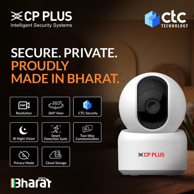 CP PLUS 3MP Smart Wi-Fi CCTV Camera | 360° Pan & Tilt | CTC Cyber Secure Tech | View & Talk | Smart Detection Suite | Night Vision | Cloud Storage | Supports OK Google | CP-E35Q - Unboxify