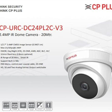 CP PLUS 2.4MP IR Dome Security Camera | 3.6mm Fixed Lens | Max 25/30fps at 2.4MP | DWDR, Day/Night (ICR) | IR Range of 20 Mtrs., Smart IR | Support Built-in Mic - CP-URC-DC24PL2C-V3