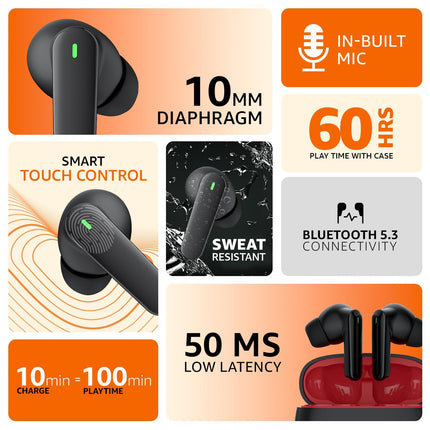 amazon basics True Wireless in-Ear Earbuds with Mic, Low-Latency Gaming Mode, Touch Control, IPX5 Water-Resistance, Bluetooth 5.3, Up to 60 Hours Play Time, Voice Assistance and Fast Charging (Black)