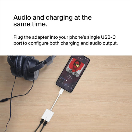 Belkin Type-C Audio + Charge Rockstar, USB-C Audio Adapter for iPhone 15 Series, iPad, Google Pixel, Galaxy and More- White