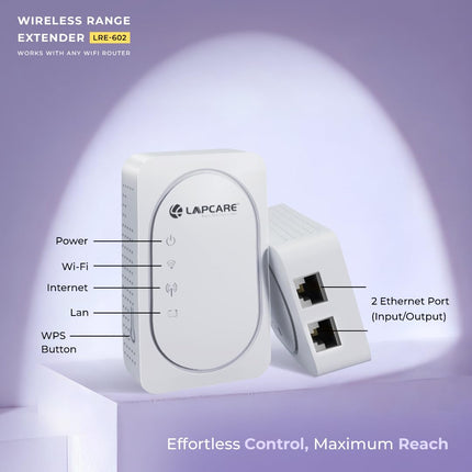 LAPCARE 300Mbps Wi-Fi Range Extender with Dual LAN Ports | High-Speed 2.4GHz Signal Booster for Home & Office | WPS Setup, Wide Compatibility, Reliable Coverage (LRE-602)