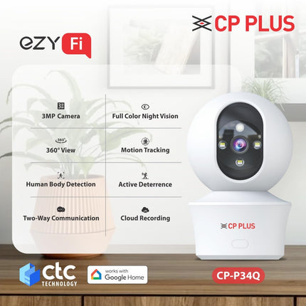 CP PLUS 3MP Smart Wi-Fi CCTV Camera for Home with 360° Pan & Tilt | View & Talk | Smart Detection Suite | Night Vision 30 Mtr | Cloud Recording | CTC Cyber Secure Tech | EZ-P34Q - Unboxify