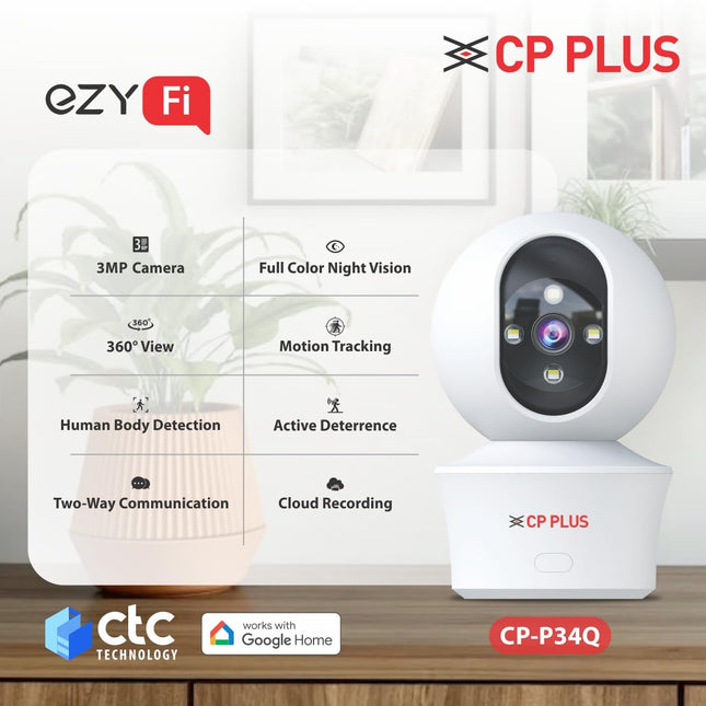 CP PLUS 3MP Smart Wi-Fi CCTV Camera for Home with 360° Pan & Tilt | View & Talk | Smart Detection Suite | Night Vision 30 Mtr | Cloud Recording | CTC Cyber Secure Tech | EZ-P34Q - Unboxify
