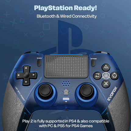 EvoFox Play 2 PS4 Controller & PS5 (PS4 Games only), Playstation 4 Controller Bluetooth & Wired with HallSense™ Magnetic Joysticks & Triggers, 1000Hz Polling, Touchpad, Built-in Speaker & 3.5mm Jack