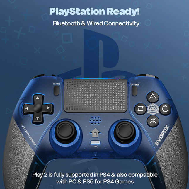 EvoFox Play 2 PS4 Controller & PS5 (PS4 Games only), Playstation 4 Controller Bluetooth & Wired with HallSense™ Magnetic Joysticks & Triggers, 1000Hz Polling, Touchpad, Built-in Speaker & 3.5mm Jack
