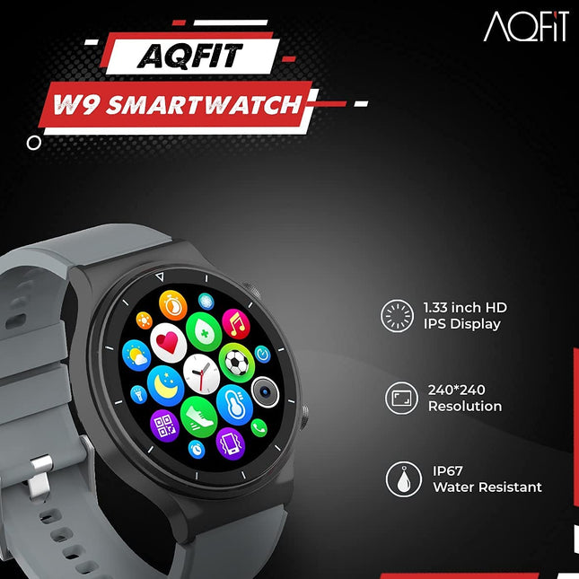 AQFIT W9 Bluetooth Calling Smartwatch 1.33" HD IPS Display, Fitness Tracker with SPO2, HeartRate, Multi Sports Mode, BT 5.0 for Men and Women (Grey)