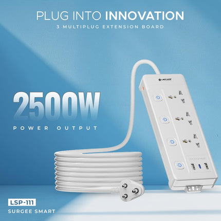 Lapcare Smart Surge Protector with Individual Switch, 250 Volts Extension Board, 3AC Socket 2500W, PD 20w & 2xUSB, 1.5M Copper Cord, Overload Protection, Safety Shutter, Durable PP Body