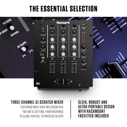 Numark M4 |3-Channel Rack Mountable Scratch DJ Mixer, Combo Jack Connection, with 3-Band EQ, Club-Ready Inputs, Mic Input and Reverse/Slope Controls, Black