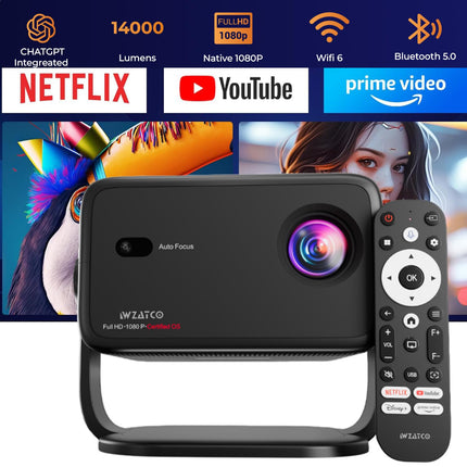 WZATCO Yuva Vibe, Certified OS Smart Home Projector, Native 1080P Fully Automatic, HDMI ARC, WiFi 6 & BT, 14000 Lumens, Screen Mirroring, Portable Room Cinema, Black