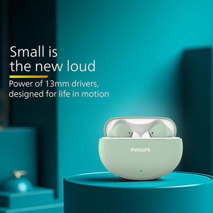 Philips TAT1269 Bluetooth Truly Wireless in Ear Earbuds with mic, 13mm Drivers, Bluetooth 5.4, 40H Playtime, IPX5, Fast Charging,Touch Controls, Voice Assistant, Mono Mode, LED Indicator(Frosty Green)