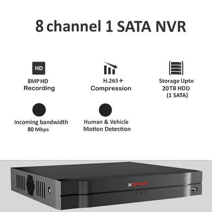 CP Plus 8Ch. 4K Network Video Recorder, Up to 8 Channel IP Camera Input, Instastream, H.265+ Compression, MJPEG Decoding, Support 1 SATA HDD up to 20TB Each, 80Mbps Incoming [CP-UNR-4K2081-V4]