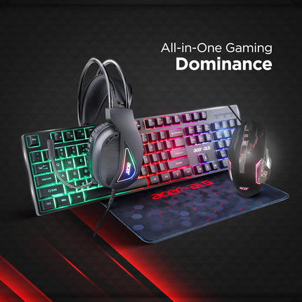 Acer 4 in 1 Wired Gaming Combo, 7 Color LED Backlit Keyboard, RGB Mouse (800/1600/2400/3200 DPI), Premium Gaming Headset (50mm Driver, 120dB) with Mixed Light Effect, Fabric Weave Mousepad (Black)