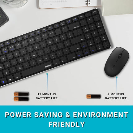 Rapoo 9300m Multi-Device Bluetooth + 2.4Ghz Wireless Keyboard & Mouse Combo Ultra Slim Design, Spill-Resistant, Anodized Aluminum Body Compatible with Windows/PC/Chromebook, 3 Years Warranty.