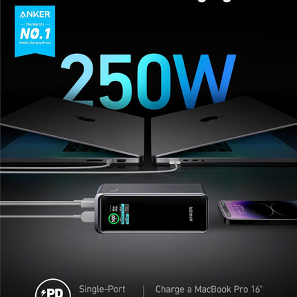 Anker Prime Power Bank, 27,650mAh 3-Port 250W Portable Charger (99.54Wh) Smart App, Compatible with Lenovo, HP, Dell, Microsoft, Macbook, iPad, iPhone