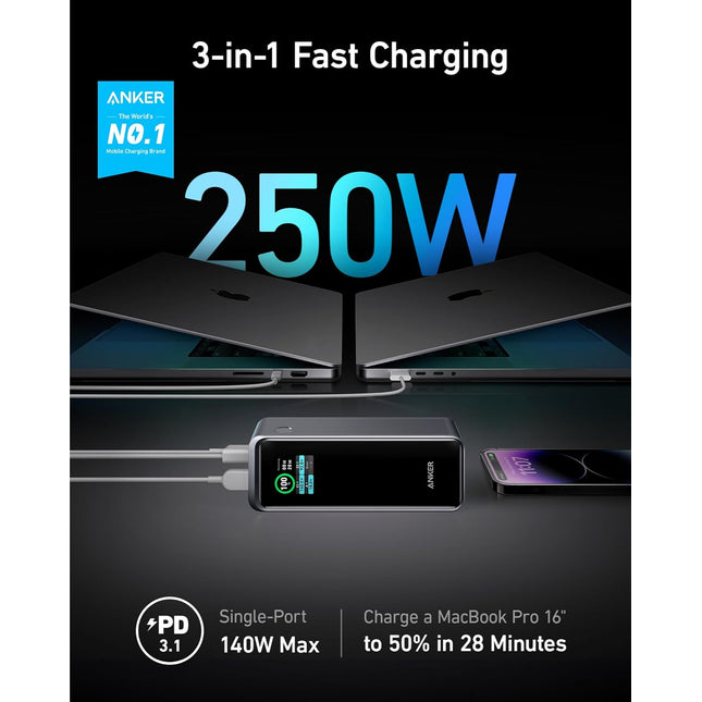 Anker Prime Power Bank, 27,650mAh 3-Port 250W Portable Charger (99.54Wh) Smart App, Compatible with Lenovo, HP, Dell, Microsoft, Macbook, iPad, iPhone