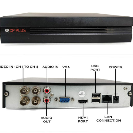 CP Plus 4 Channal HD DVR 1080p 1Pcs,Outdoor Wired Camera 2.4 MP 2Pcs,Indoor Camera 2.4 MP 2Pcs,1 TB Hard Disk with USEWELL BNC/DC Full Combo Set - Unboxify