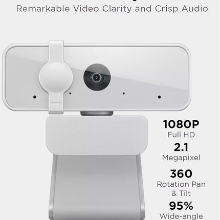 Lenovo 300 FHD Webcam with Full Stereo Dual Built-in Mics | FHD 1080P 2.1 Megapixel CMOS Camera with USB |Ultra-Wide 95° Lens, 4X Digital Zoom | 360 Rotation | Flexible Mount | Cloud Grey