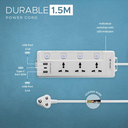 Lapcare Smart Surge Protector with Individual Switch, 250 Volts Extension Board, 3AC Socket 2500W, PD 20w & 2xUSB, 1.5M Copper Cord, Overload Protection, Safety Shutter, Durable PP Body