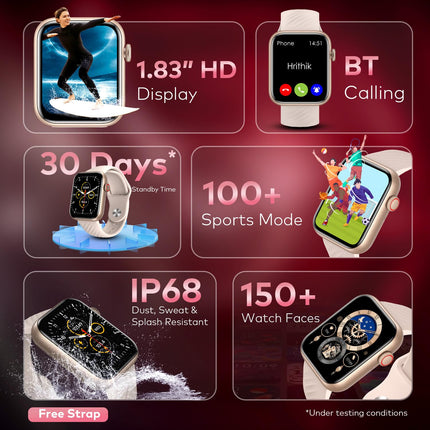 itel ICON-2 Smartwatch with BT Calling, 1.83" HD Display with a 550 nits Peak Brightness, Functional Crown, IP68, 150+ Watch Faces, 24Hr Health Monitor and Voice Assistant (Rose Gold)