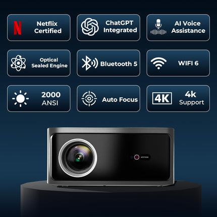 WZATCO Legend Optimus, Netflix Certified, Smart Home Projector 4k Ultra HD, Native 1080P Fully Automatic, 2000 ANSI, HDMI ARC, WiFi 6 & BT, Screen Mirroring, Portable Room Cinema, Black