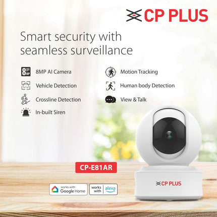 CP PLUS 8 MP Resolution Smart Wi-fi Ai CCTV Camera | 2 Way Talk | Human Body Detection & Motion Tracking Alert | Supports Vehicle & Crossline Detection Powered by Ai | Advanced Night Vision | CP-E81AR - Unboxify