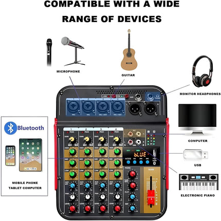 Powerpak MG-4 6-Channel Audio Mixer, Sound Board Mixing Console | 48V Phantom Power, MP3,Bluetooth,Echoes,USB Recording and XLR Output for DJ Show,Streaming,Podcasting