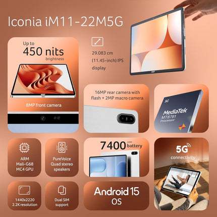 Acer Iconia 5G Tablet|11.45" 2.2k”90Hz IPS Display, MediaTek 8791 Processor, 8GB RAM + 128GB Storage, 16MP Rear+8MP Front Camera,Wi-Fi + 5G Volte, Android 15,BT 5.2, Slim Metal Body