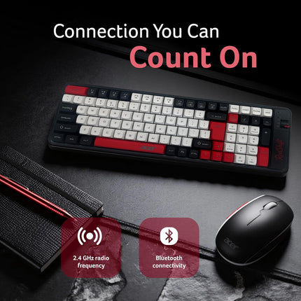 Acer RedShift Wireless Keyboard & Mouse Combo | Bluetooth + 2.4GHz Dual Mode | Multi-Device | 100-Key Slim Quiet Keyboard | 6-Button Mouse with 1600 DPI | Windows, Android, iOS | Black & Red