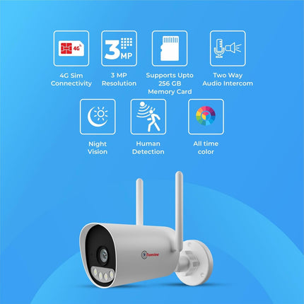 Trueview 3mp 1296p HD All Time Color 4G Sim Based Bullet CCTV Security Camera for Home, Shop, Office, Farm, and Construction Site | IP66 Waterproof Rating | with 9 IR LED