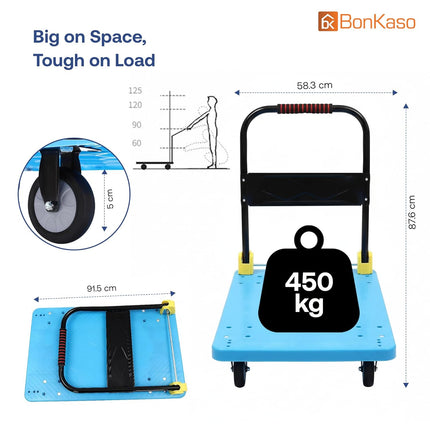 BonKaso 450Kg Heavy Duty Metal Platform Trolley | Foldable Hand Truck with 4 360° Rotating TPR Wheels & Cushioned Grip | Cart for Warehouse, Office & Home (91.5 x 58.3 cm) Blue