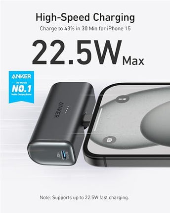 Anker iPhone 15 Portable Charger, Nano Power Bank with Built-in USB C Connector,5,000mAh Portable Charger 22.5W,for iPhone 15 Series,Samsung S22/23 Series,iPad Pro/Air,AirPods,and More,Black