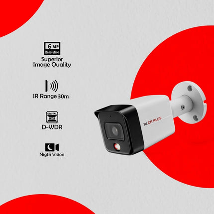 CP Plus CP-UNC-TA61L3C-LQ 6MP Dual Light Bullet Camera, IR Range of 30 Mtr., Warm Light Range of 30 Mtr, PoE, IP67, Support Built-in Mic, DWDR, Day/Night (ICR), Instastream, H.265, H.264, MJPEG