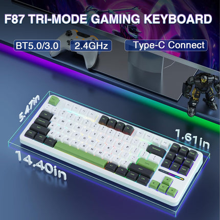 Aula F87 Wireless Mechanical Keyboard | 75% TKL Gasket Custom Hot Swappable Keyboard, 2.4Ghz/Type-C/Bluetooth Gaming Keyboard | Pre-lubed Switch RGB Backlit Keyboard (Green+White)