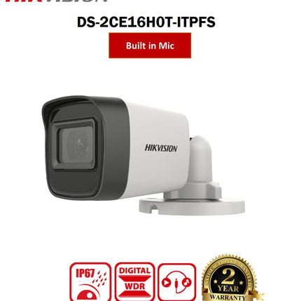 Hikvision 5 MP Outdoor Bullet CCTV Camera with inbuilt Audio Mic IP67 DS-2CE16H0T-ITPFS + USEWELL BNC/DC, White