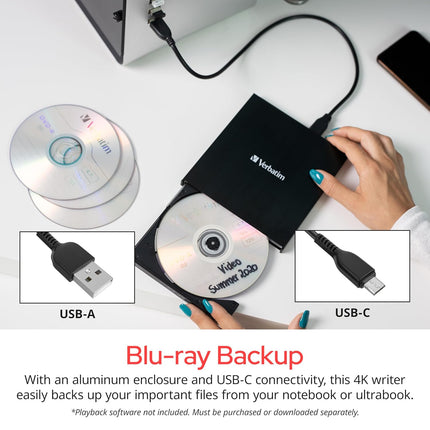 Verbatim 43888 Ultra HD 4K External Slimline Blu-ray Writer USB 3.2 GEN 1 with USB-C TM Cable (Black, Top, Laptop, PC, Blu-ray DVD Combo, ATA III Series, BD-R, BD-R DL, CD, DVD)