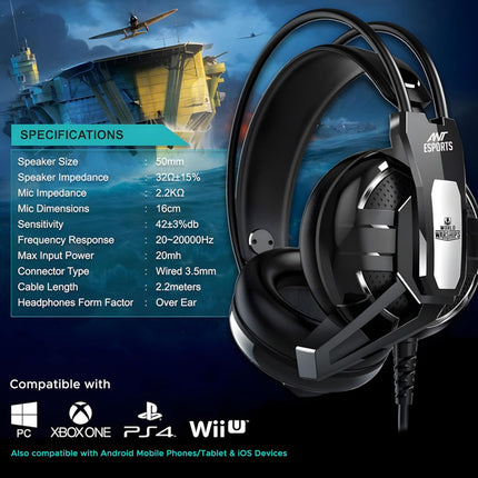 Ant Esports H520W Smartchoice Gaming Headset with Mic, Wired 3.5mm Over-Ear, 50mm Bass Drivers, Noise Isolating, Lightweight Comfort, Multi-Platform (PC/PS4/Xbox/Switch/Mobile), Black - Unboxify