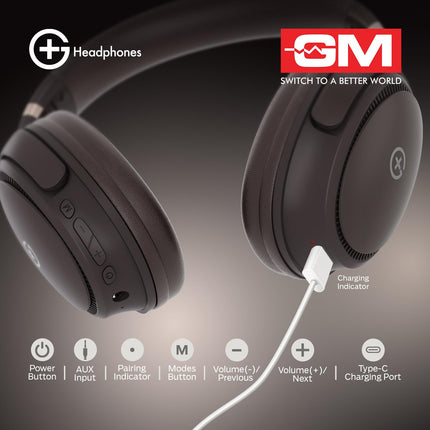 GM G+ Headphones, 70H Playtime Over The Ear Headphones with Mic, BT 5.3, Pure Bass, 45ms Low Latency, Dual Pairing, 4 Play Modes (FM, Radio, SD Card & Aux), 1 Year Warranty