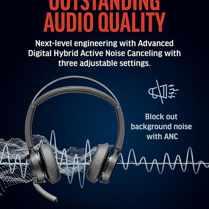 Poly (Plantronics) Voyager Focus 2 Wireless Headset, On-Ear w/Noise-canceling mic, ANC, 175 g, PC via BT700 Bluetooth Adapter/Smartphone via Bluetooth, Up to 25 Hours Talk time, Black-Grey, 8G113AA