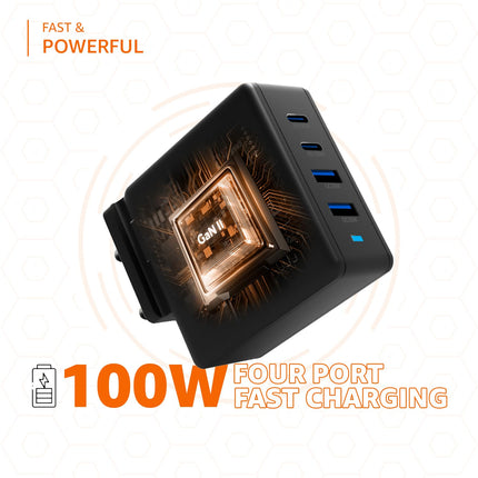 Amazon Basics 100W 4-Port GaN Charger | PD QC3.0 QC4.0 PPS Fast Charging Compact Adapter with Foldable Pins, for MacBook Pro Air 16'/14'/13', iPhone Series, Samsung S Series, iPad Pro/Air - Black
