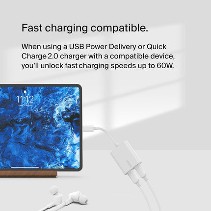Belkin Type-C Audio + Charge Rockstar, USB-C Audio Adapter for iPhone 15 Series, iPad, Google Pixel, Galaxy and More- White
