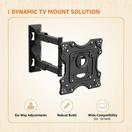 Amazon Basics Wall Mount for 32 to 55 inch TV with 6-Way Swivel Tilt | Full Motion Cantilever for LED, LCD, Plasma TV | Six-Way Precision Adjustments | Effortless Setup & Modern Minimalism (Black)