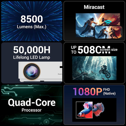 ZEBRONICS PIXAPLAY 65, Android Projector, 10000 Lumens, 4K Support, 200 Inch Screen Size, Electronic Focus, Built-in Speaker, Bluetooth, HDMI, USB, WiFi, AUX, 1080p Native, Miracast