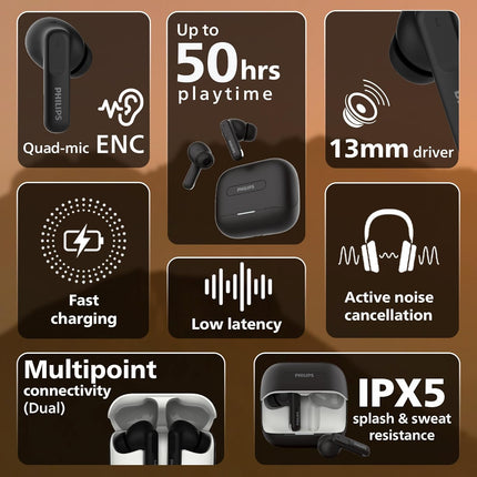 PHILIPS TAT1050BK/94 Truly Wireless Earbuds with ANC, Quad Mic ENC, Up to 50 Hr Playtime, 13mm Neodymium Drivers, Multipoint, IPX5 Water Resistance, Fast Charging, Ultra Low Latency (Deep Black)