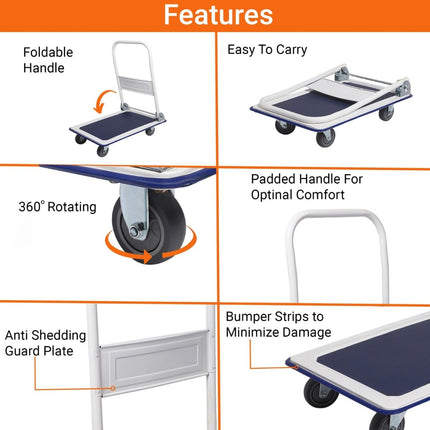 BIGAPPLE 300kg Capacity Metal Foldable Platform Trolley for Heavy Weight/Material Handling Goods Trolley for Home, Office, Warehouse & Industries - 60cm x 90cm (5" Wheel/Blue) - PACK OF 1