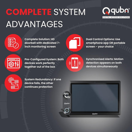 Quba Qdoor+ (Qeye WiFi Video Door Bell + QVIEW Portable Screen Combo) | 2MP 1080P HD Camera with 7 Inch Display, WiFi Control | Two Way Audio | Motion Sensor | Portable Screen | x2 Year Warranty