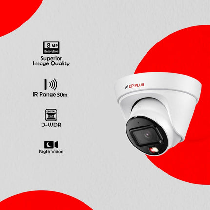 CP Plus 8MP Dual Light Dome Camera, IR Range of 30 Mtr., Warm Light Range of 30 Mtr, PoE, IP67, Support Built-in Mic, DWDR, Day/Night (ICR), Instastream, H.265, H.264, MJPEG [CP-UNC-DA81L3C-LQ]