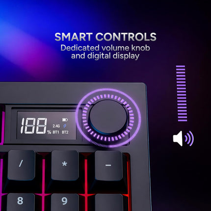 KARNAGE by EVM Visage 95 RGB Backlit Wireless Gaming Keyboard [95 Keys] Triple Mode BT 5.0, 2.4GHz & USB-C | Semi- Mechanical | Volume Knob & Display | 2000mAh | Win & Mac | 2 Yr Warranty | White Blue