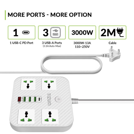 Tizum 3000W Power Converter, Fast Charging Extension Board/Cord with 4 Power Sockets, 1 QC/USB 3.1A, 1 PD Charger, 2 USB Ports, 2M Cord Length, Short Circuit Protection, 10Amp Power Outlet (White)